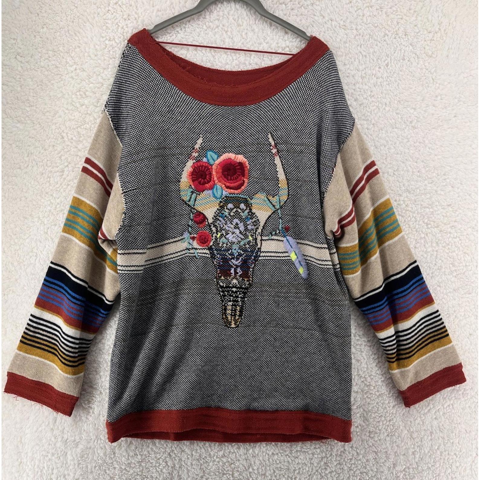 Free People Desert Rose Sweater Women’s Small Longhorn Embroidered Boho Western